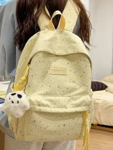 Zaino in tela giallo carino con stelle argentate e ciondolo fantasma per la scuola e viaggi.