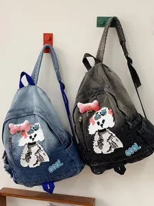Sac à Dos Chiot de Dessin Animé Style Coréen Ins Femmes Grande Capacité Denim Étudiant Cartable Casual Mode Voyage Bookbag