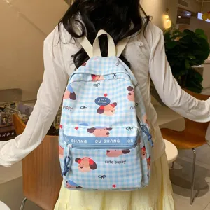 Cute cartoon dachshund plaid backpack, large capacity student school bag for daily travel.