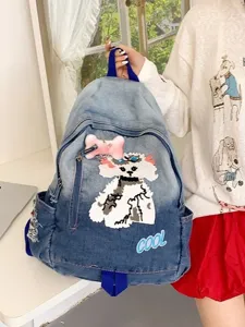 Sac à dos en jean pour femme grande capacité cartable décolleté design chiot dessin animé mignon