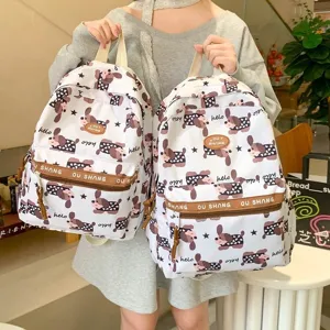 Cute cartoon dachshund print backpack, casual large capacity school bag for students daily use.