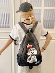 Sac à dos en jean mignon style coréen ins avec patch de chien cartoon, grand cartable.