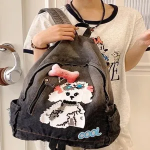Sac à dos en jean pour femme style coréen mignon dessin animé chiot, grand sac d'école.