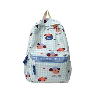 Blue plaid cute puppy print student backpack large capacity casual school bag for kids