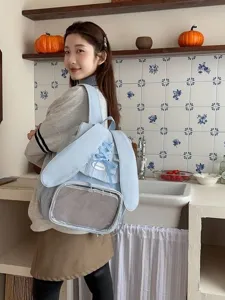 Sweet aesthetic bunny ear ita backpack with ribbon lace-up and clear front display window.