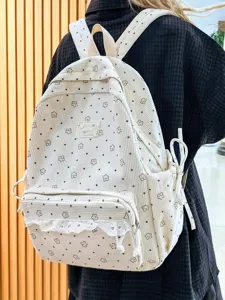 Korean style cute floral polka dot corduroy backpack for women sweet lace school student bag