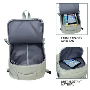 Backpack interior detail showing large capacity main bag and dust resistant material.