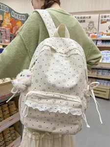 Sweet corduroy backpack for women, cute floral polka dot school backpack with nice lace trim.