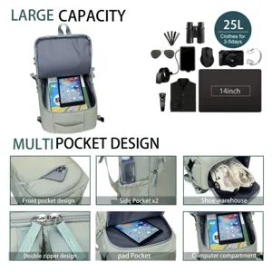 Backpack detail view highlighting large capacity, multi-pocket design, and computer compartment.