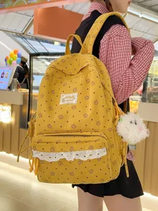 Cute floral corduroy backpack for women, sweet lace polka dot student school bag daily.