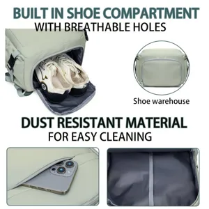 Minimalist solid color waterproof travel backpack with separate shoe compartment and large capacity.