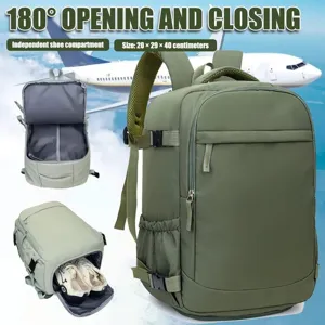 Green travel backpack with 180 degree opening, large capacity, and independent shoe compartment.