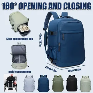 Detailed view of large capacity waterproof solid color casual travel backpack with shoe compartment.