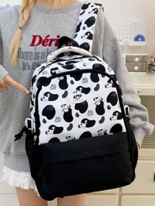 Cute cartoon puppy print backpack, black and white cow pattern large capacity student school bag.