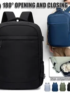 Korean style solid color large capacity backpack with shoe compartment and 180 degree open.