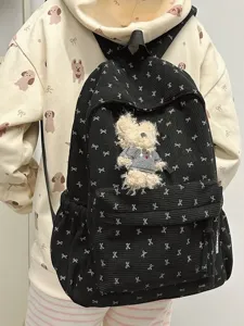 Sweet black corduroy backpack with white bow prints, cute bear pendant, large student bag.