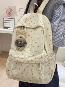 Sweet corduroy backpack for women, cute bow pattern school bag with plush bear pendant.