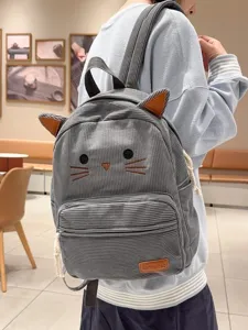 Grey corduroy cat backpack for women, cute animal ears school bag, casual daypack main view.