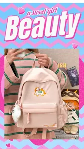 Pink canvas student school bag with cute pony embroidery and large capacity for daily use.