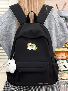 Korean style black canvas backpack with cute pony embroidery and large capacity.