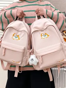 Korean style cute pony embroidered pink backpack large capacity casual school bag for women