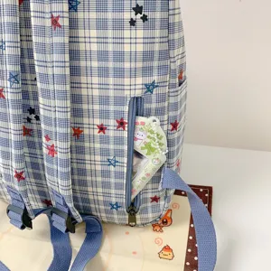 Blue plaid backpack with cute star prints, zipper pocket and card holder detail.