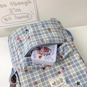 Korean style blue plaid backpack for women cute star print school bag casual large capacity bookbag