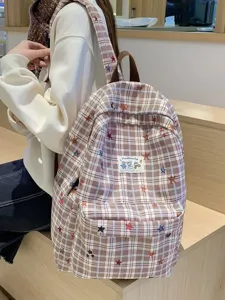 Casual plaid student backpack with cute star patterns and front handmade patch for daily use.