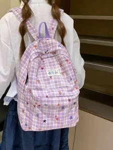 Cute purple plaid backpack for women with star prints, stylish student school bag with large capacity.