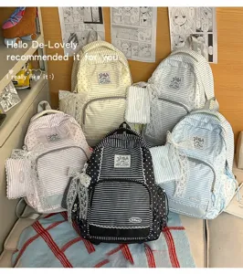 Korean ins sweet lace striped backpack large capacity stylish student school bag.