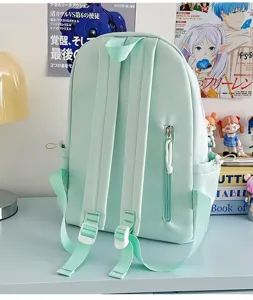 Sac à dos étudiant vert menthe vue détaillée, sac d'école décontracté minimaliste avec poches.