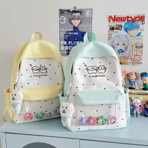 Sac à dos étudiant style japonais à pois mignons, poche avant transparente et pendentif ours.