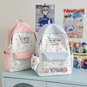Sac à Dos Scolaire en Toile à Pois Mignon de Style Japonais Grande Capacité Cartable d'Étudiant Avec Poche Avant Transparente