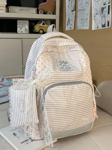 Korean Style Sweet Lace Trim Striped Backpack Women Large Capacity Student School Bag Fashion Casual Nylon Bookbag