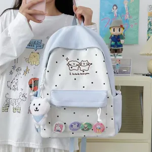 Sac à dos d'étudiant japonais mignon avec bloc de couleur à pois, grand sac d'école mignon.