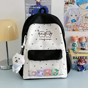 Joli sac à dos d'étudiant à pois de style japonais avec poche transparente pour l'école.