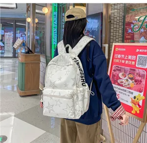 White star print backpack casual large capacity school bag for women daily commute.