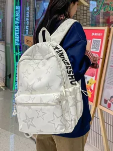Casual white star print backpack large capacity school bag for women stylish daily commuter