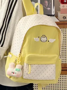 Joli sac à dos à pois doux avec broderie de chat ange et pendentif lapin en peluche.