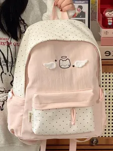 Joli sac à dos chat ange pour femme, cartable à pois style kawaii mignon pour étudiante.