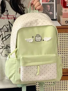 Sac à dos en toile chat ange mignon à pois, joli cartable étudiant pour usage quotidien.