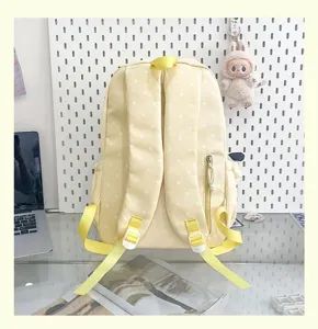 Yellow polka dot backpack for women, cute school bag with large capacity and casual style.