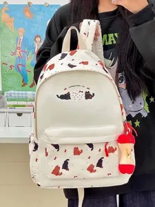 Cute Japanese style cartoon cat print canvas backpack casual student school bag with apple pendant