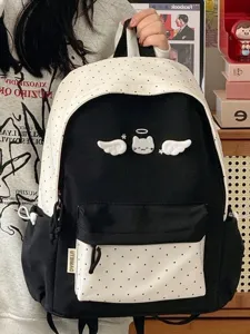 Sac à dos chat ange mignon style coréen pois cartable sac de loisirs noir blanc