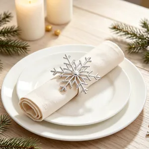 Silver snowflake napkin ring detail for Christmas table decor, elegant holiday dining setting.