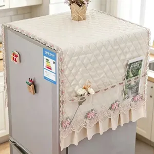Housse de Protection Réfrigérateur Peau de Pêche Tissu Matelassé Protection Micro-ondes Avec Poches Latérales Dentelle Cuisine