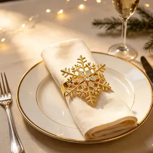 Christmas gold snowflake napkin ring with rhinestones for table decor and holiday banquets.