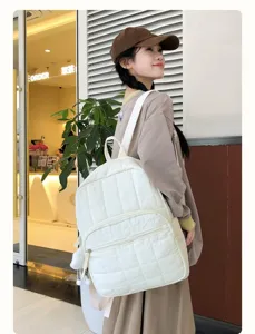Korean style white quilted backpack, casual large capacity school bag with chic grid.