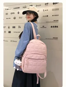 Women quilted backpack casual student school bag large capacity pink stylish daypack