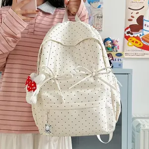 Japanese College Style Polka Dot Nylon Backpack Large Capacity School Bag With Cute Pendant For Students